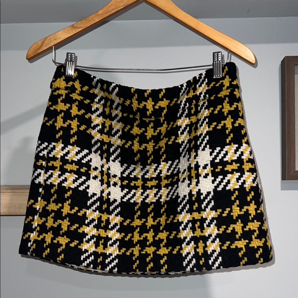 J. crew black and cream with yellow houndstooth wool skirt